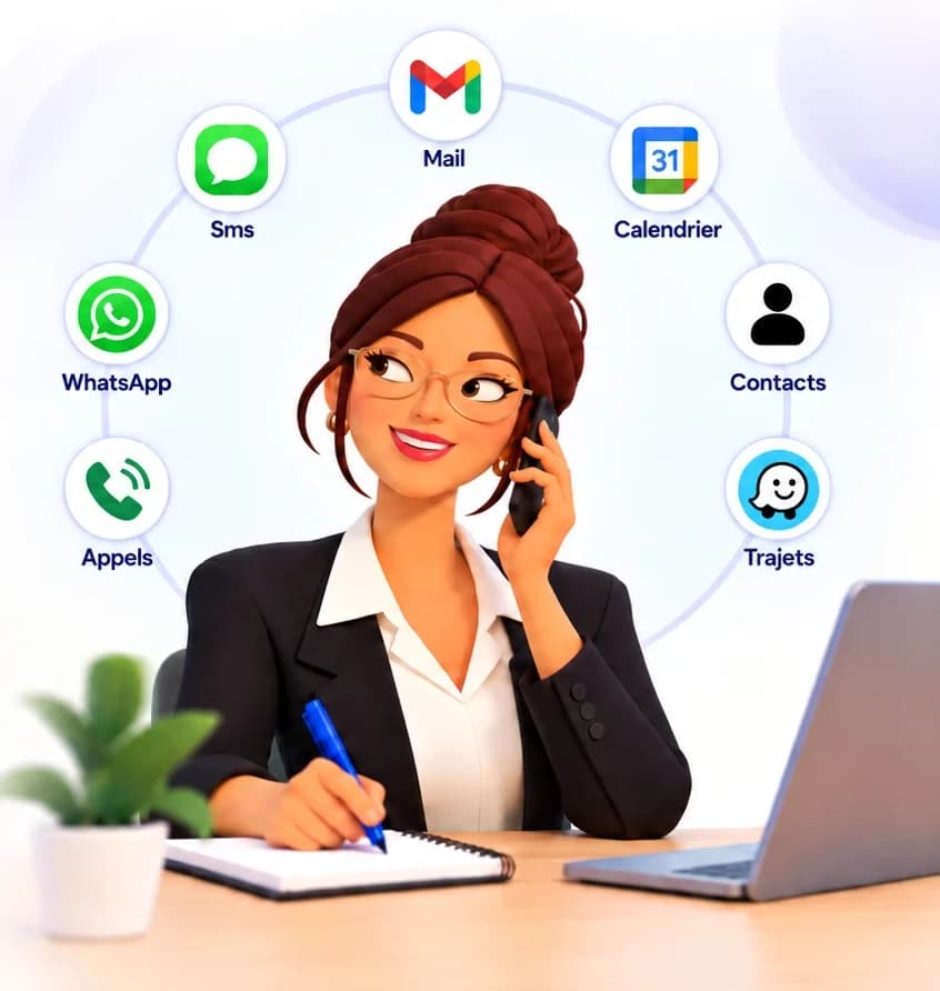 Lya, la asistente, al teléfono en su escritorio, rodeada de sus canales: SMS, correo, calendario, contactos, trayectos, llamadas y WhatsApp